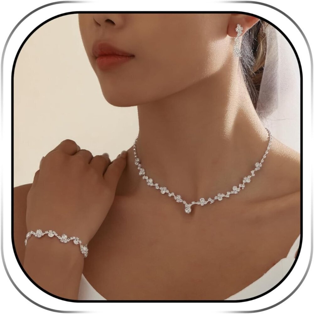 Silver Jewelry Set Rhinestone Necklace Earrings Bracelet for Women Bridal Prom